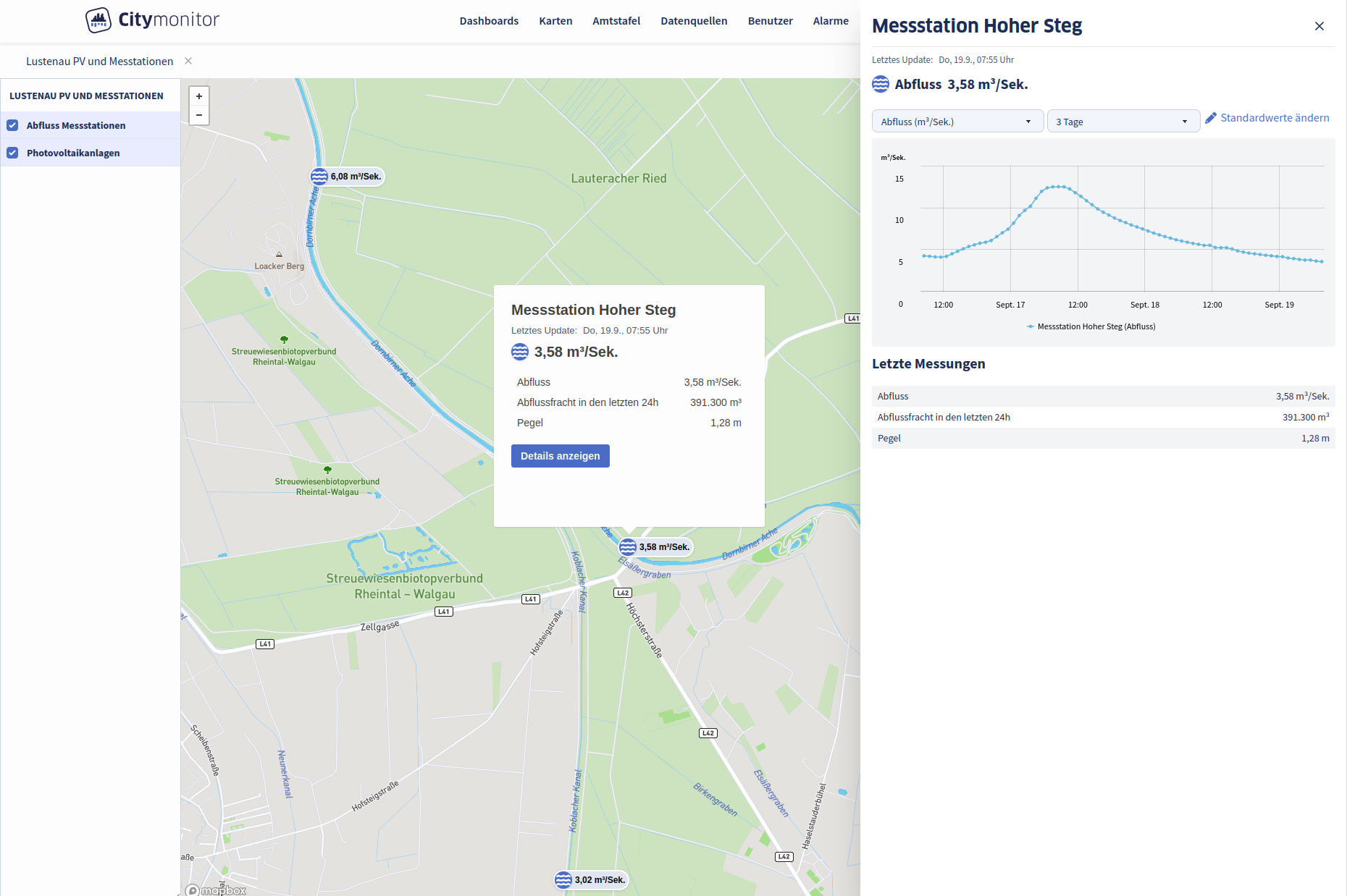 Kartendarstellung der Messtationen mit Schnellauswertung